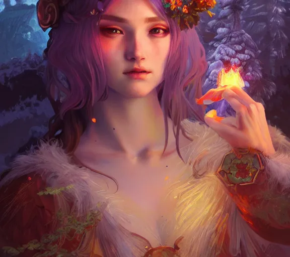 Image similar to beautiful ancient! frost witch, fire in eye, snow glow, pool party, highly detailed, digital painting, artstation, sharp focus, illustration, art by tan zi and ayanamikodon and alphonse mucha and wlop