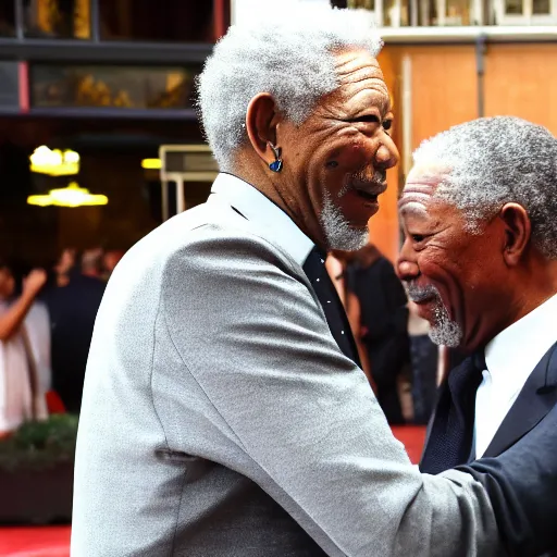 Prompt: morgan freeman meeting morgan freeman, 4 k, sharp focus