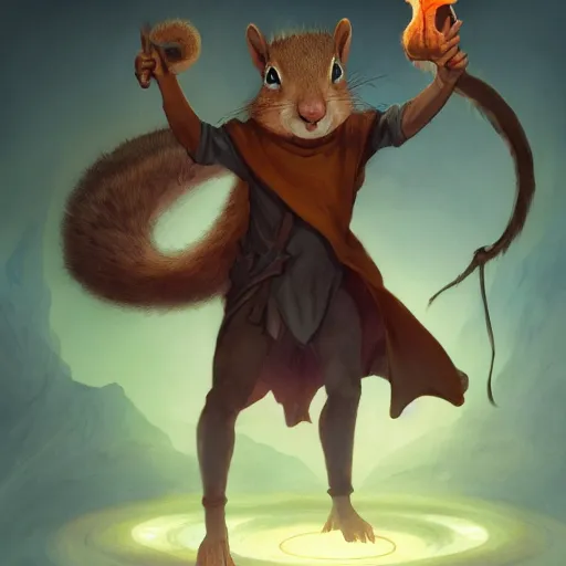 Prompt: anthropomorphic squirrel wizard casts a swirling spell, DnD character art portrait, DeviantArt Artstation, by Jason Felix and Peter Mohrbacher and Ross Tran and Greg Rutkowski, behance HD, detailed matte fantasy painting, cinematic lighting