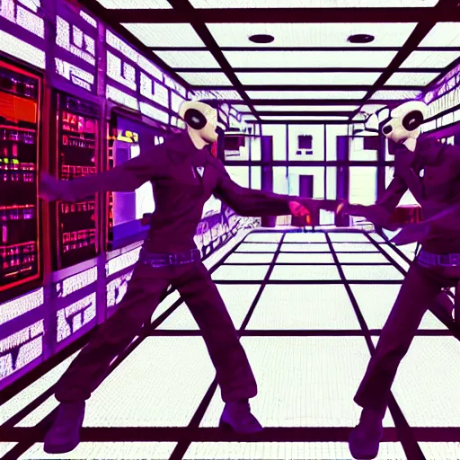 Prompt: twin brothers hacking into the mainframe of the matrix or whatever, in the style of jamie hewlett and riyoko ikeda, realistic af, octane render