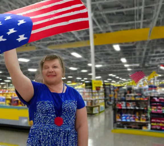 Image similar to A woman holding up a flag at Wal-Mart