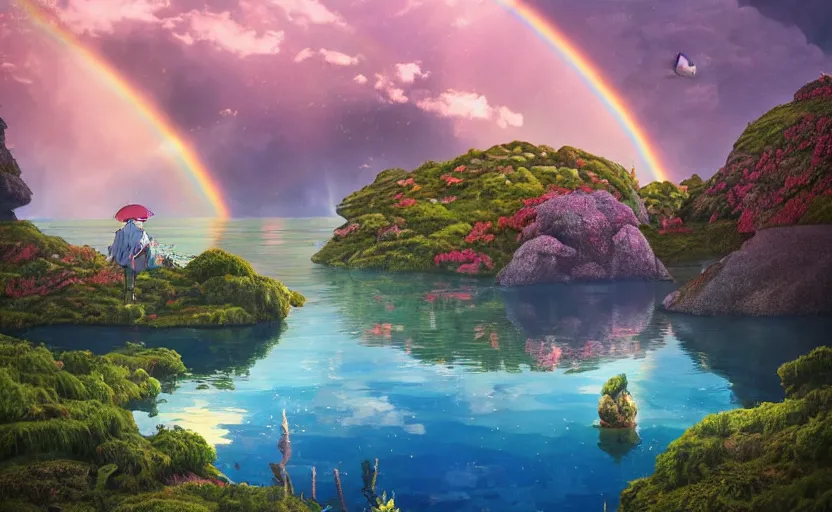 Prompt: a beautiful art of lake in foregraund and rainbow colored sky on background by Miyazaki Nausicaa Ghibli, 8K, hyper detailed, 20K, realistic, product lighting, by onesal, by sixnfive , behance 3d , studio photography DSLR, Photoreal epic composition