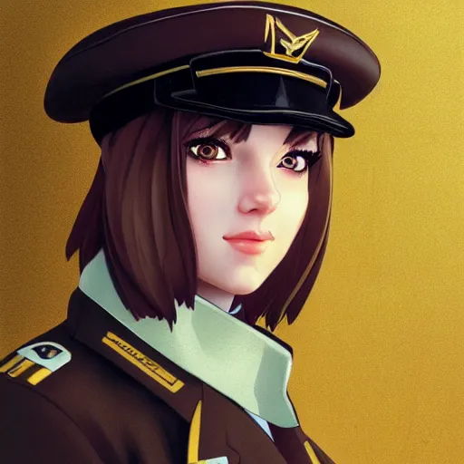 Image similar to portrait bust of young woman with long light brown hair and hazel eyes dressed in a sharp dark teal military uniform with beret, smiling, ilya kuvshinov, anime, loish, ross tran
