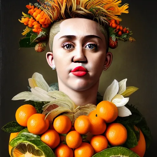 Prompt: portrait of miley citrus, by giuseppe arcimboldo and paul barson and annie leibovitz and faith yata and artgerm and alphonse mucha, photorealistic, f 1. 8, soft lightning, high detail, 8 k