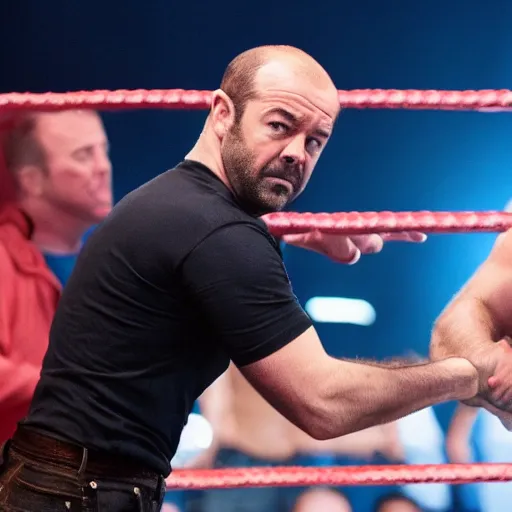 Prompt: danny dyer and jason statham wrestle in jelly