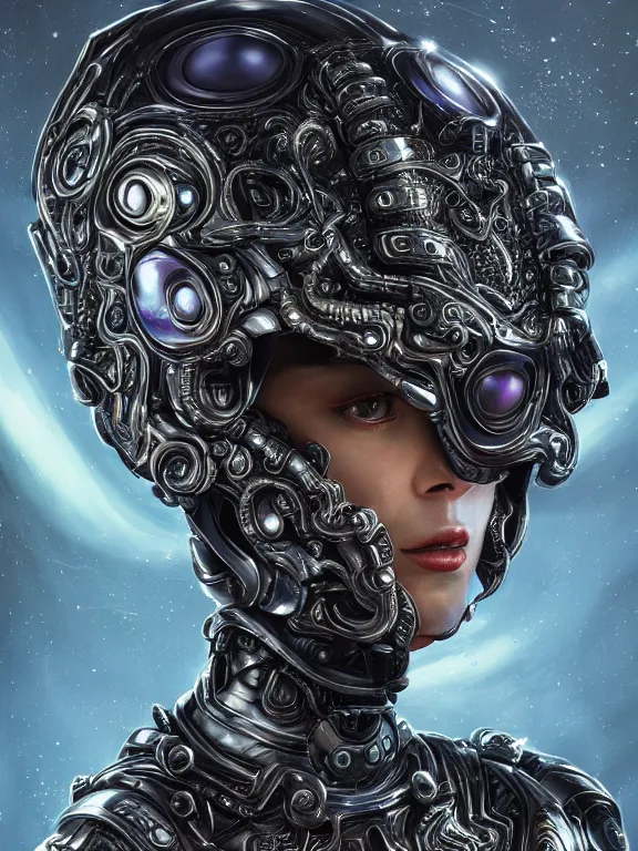 Prompt: portrait art of 8k ultra realistic retro futuristic Medusa , galaxy reflected helmet , detailed intricate ornate armour,eldritch horror,blade runner, cybernetic, full of colour, cinematic lighting, battered, trending on artstation, 4k, hyperrealistic, focused, extreme details,unreal engine 5, cinematic, masterpiece, art by ayami kojima, giger