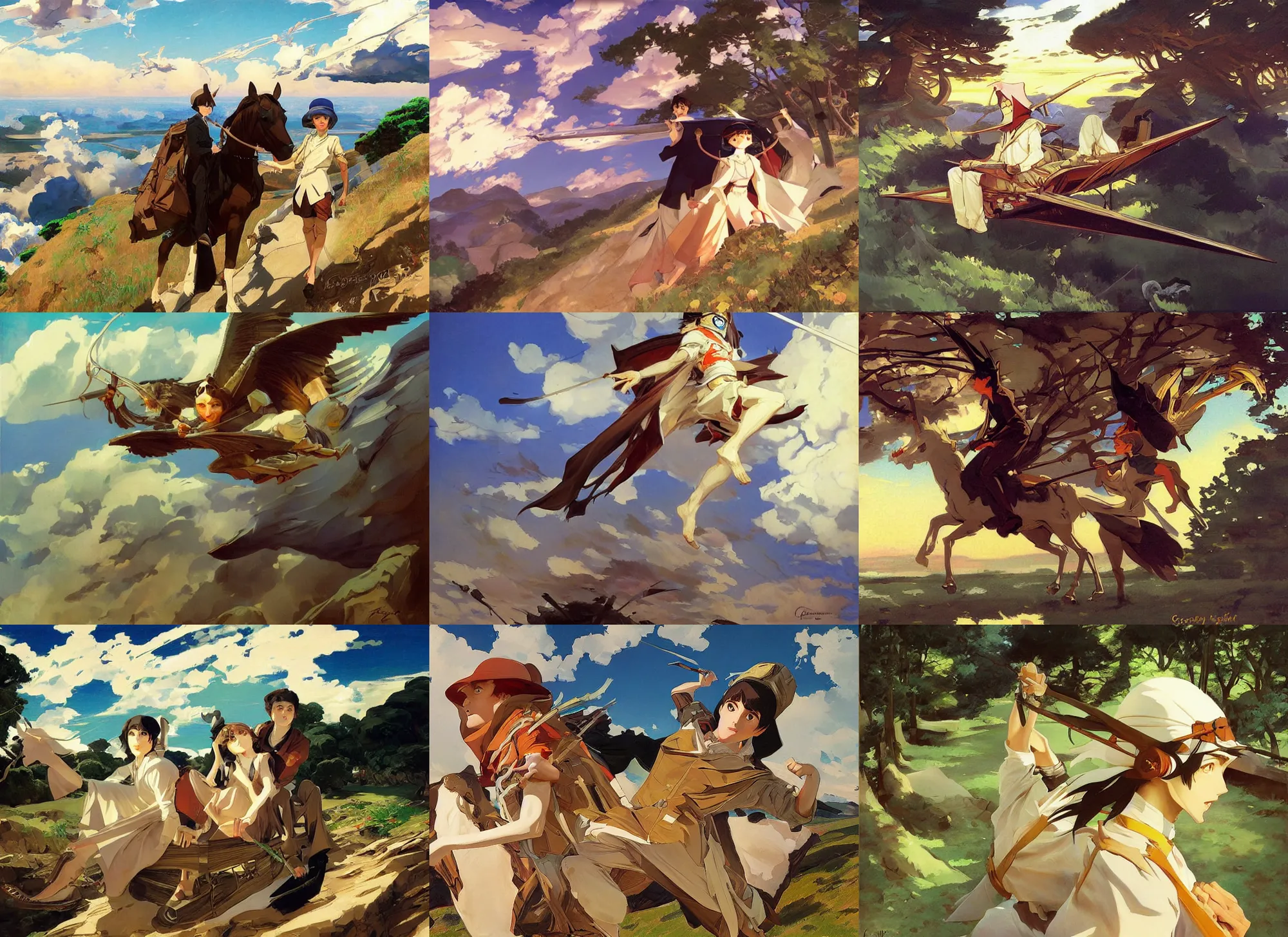 Prompt: painting by sargent and leyendecker and greg hildebrandt savrasov levitan polenov, studio ghibly anime style mononoke, middle earth traveling flying masterpiece