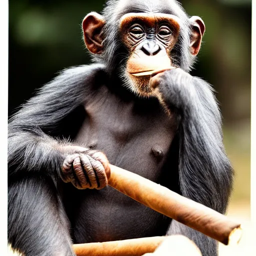 Image similar to a high detail closeup shot of a chimp wearing a suit, smoking a cigar