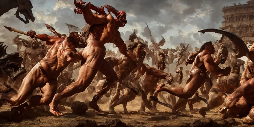 Image similar to Dark Skinned Orc Barbarian in a Roman style Coliseum wins in a foot race against of a Velociraptor, Oil Painting, hyperrealistic, octane render, Detailed Digital Art, RPG scene, William-Adolphe Bouguereau, Michael Cheval, dynamic lighting, Highly Detailed, Cinematic Lighting, 8k, HD