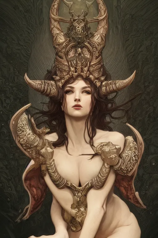 Prompt: beautiful demon peasant maiden with horns, intricate, elegant, highly detailed, digital painting, artstation, concept art, smooth, sharp focus, illustration, art by artgerm and greg rutkowski and alphonse mucha