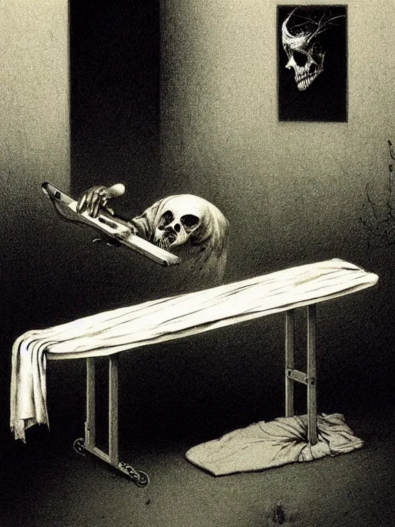 Prompt: a ghost ironing on an ironing board, art by beksinski, bernie wrightson, trending on artstation, optical illusion, horror film, creepypasta