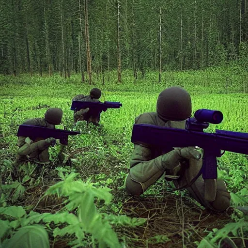 Prompt: “ soldiers shooting at frogs in finnish forest, trees, swamp ”