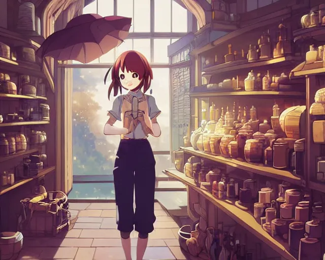 Prompt: anime visual, portrait of a young female traveler in a alchemist's shop interior, cute face by yoh yoshinari, katsura masakazu, studio lighting, dynamic pose, dynamic perspective, strong silhouette, anime cels, ilya kuvshinov, cel shaded, crisp and sharp, rounded eyes, moody, cold colors