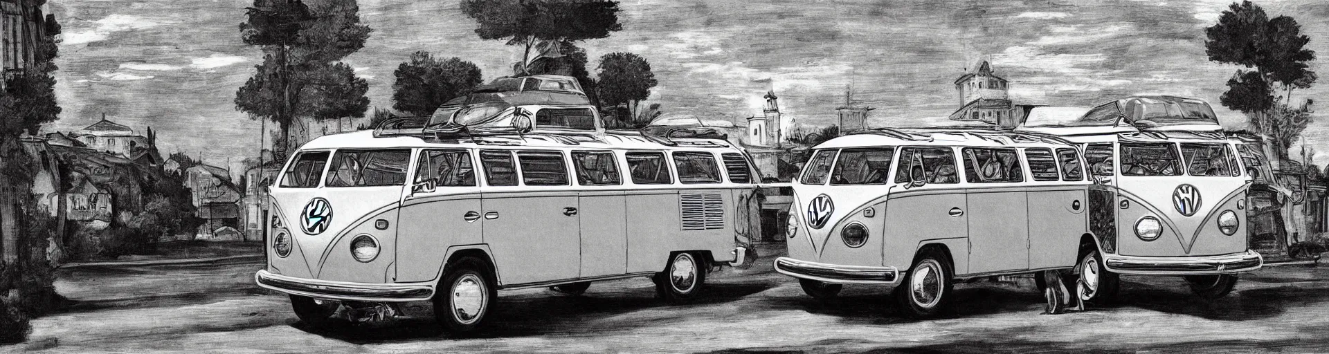 Prompt: vw bus on a street, illustration by caravaggio