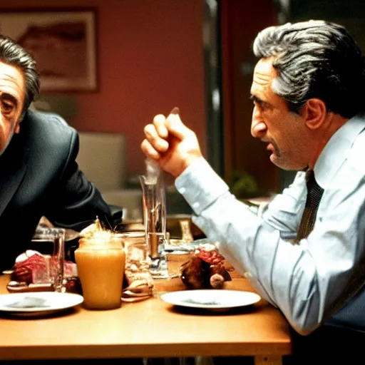 Image similar to movie still of the dinner scene in Heat, al pacino and robert de niro as old men, cinematic,