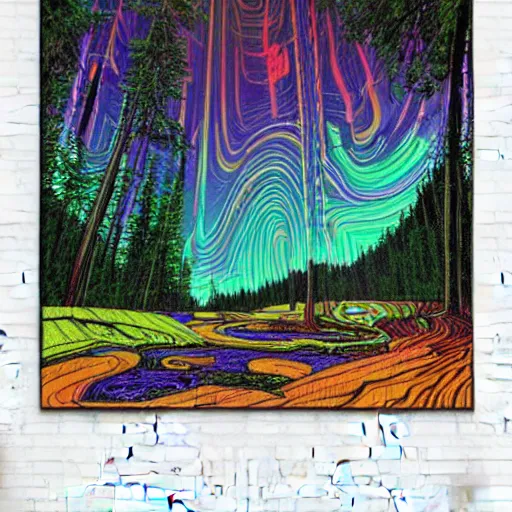 Image similar to thegodric forest settee monolithic monuments by dan mumford and tom thomson, 8 k resolution digital art. lot of neons. trending on artstation. psychedelic luminus rapids vault biscuit