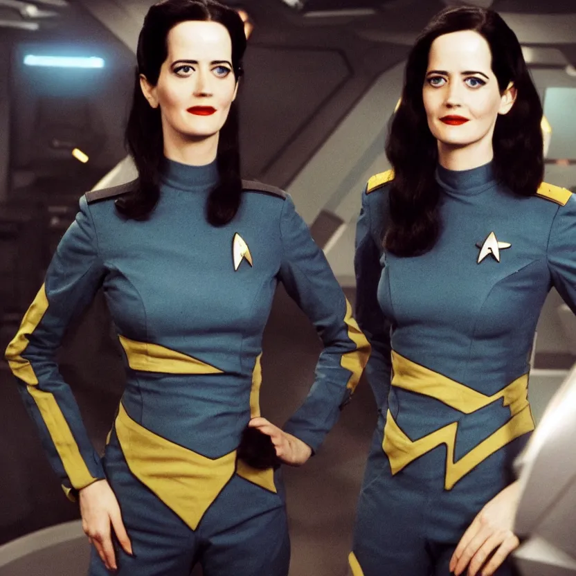 Image similar to a full body photograph of 3 0 year old eva green as a star fleet officer from star trek next generation, ultra rendered, extreme realism and detail, 8 k, highly detailed, realistic, completely framed, hyper realistic, colorful, direct lighting, 3 5 mm photo, photorealistic, sharp focus