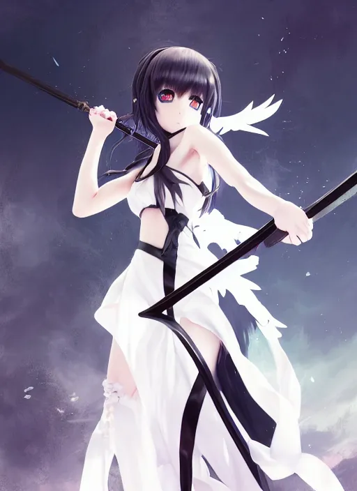 Prompt: anime girl wielding a large black scythe, has black wings, white dress, naturel, hyper detailed, digital art, trending in artstation, cinematic lighting, studio quality, smooth render, unreal engine 5 rendered, octane rendered, art style by klimt and nixeu and ian sprigger and wlop and krenz cushart