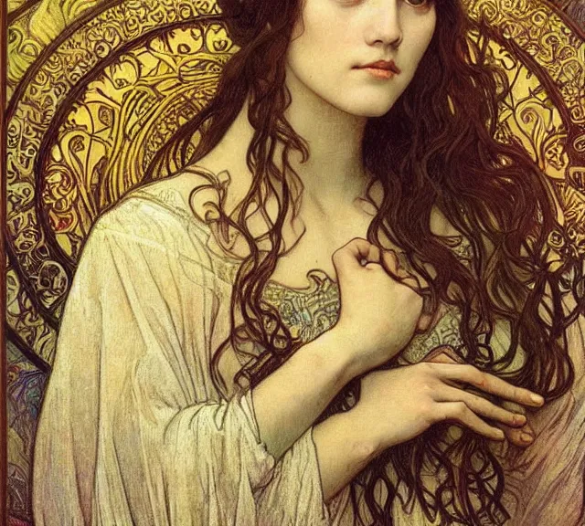 Image similar to detailed realistic beautiful young medieval queen face portrait by jean delville, alphonse mucha, vincent van gogh, and marco mazzoni, art nouveau, symbolist, visionary, gothic, pre - raphaelite
