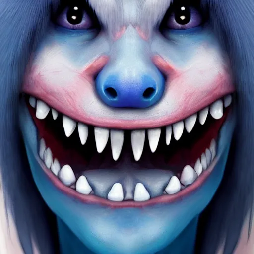 Image similar to a blue furry creature with large red lips, sharp teeth, 4 k photorealistic quality, trending on cgsociety, horror art, eerie art style