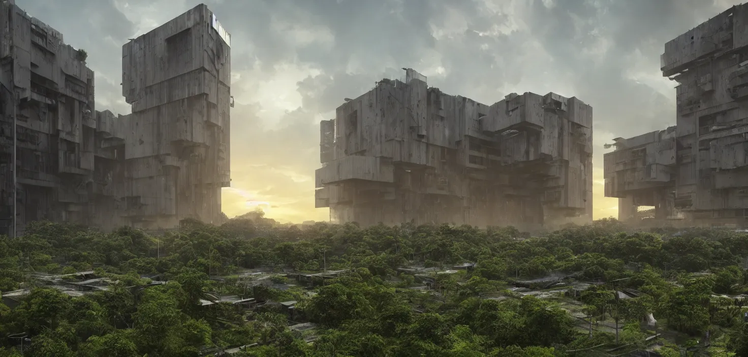 Prompt: brutalist architecture, surrounded by lush green vegetation, stunning volumetric lighting, sunset, metal, concrete, translucent material, scattered rubbish and debris, stunning skies, 8k, photorealistic, hyper detailed, unreal engine 5, IMAX quality, cinematic, epic lighting, digital painting in the style of DOOM, by Greg Rutkowski, trending on Artstation