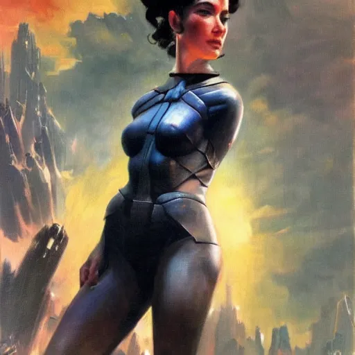 Prompt: ultra realistic portrait painting of maia sandu in futuristic sci - fi city, art by frank frazetta, 4 k, ultra realistic, highly detailed, epic lighting
