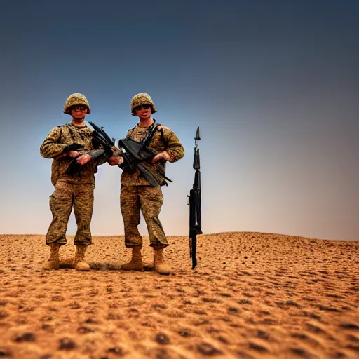 Image similar to two soldiers are combing the desert using a large comb, high definition, beautiful award winning photography, 8 k.