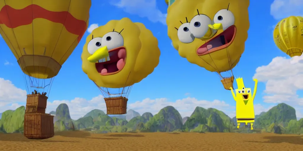 Prompt: a surrealist painting of a SpongeBob SquarePants hot air balloon | unreal engine: .4