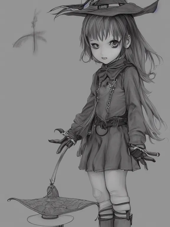 Image similar to Full shot Line art drawing of a cute mischievous young witch about to get up to some trouble. By Range Murata and WLOP and CLAMP and Loish. Concept Art. Fantasy Drawing. award winning, Artstation, intricate details, Hyperdetailed, 8k resolution.