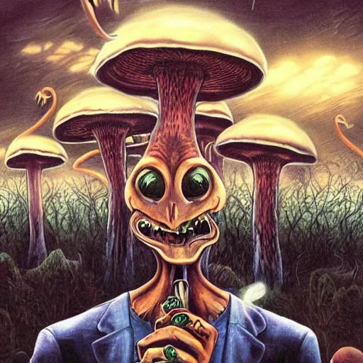 Image similar to A centered chest up portrait of a psychedelic demonic anthropomorphic snake smoking a hand-rolled cigarette smoking heavily , magic mushroom village in background , award winning. superb resolution. in the art style of junji Ito and greg rutkowski . Detailed Mushroom city in background. Hyper realistic anime. Perfect art. Dalle2