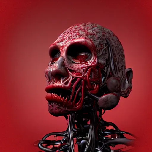 Image similar to octane render of a body horror humanoid, sharp dark shadows, black and red color palette by trevor henderson and junji ito