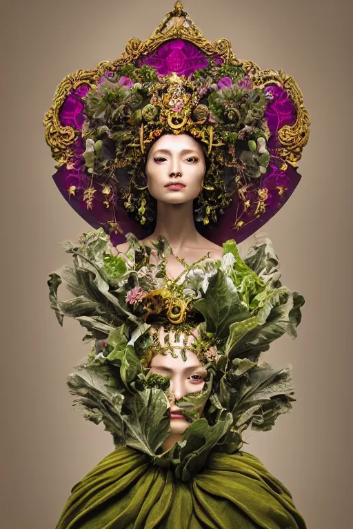 Image similar to a beautiful empress portrait, with a brilliant, impossible striking big salad headpiece, clothes entirely made out of salad, everything salad, symmetrical, dramatic studio lighting, rococo, baroque, greens, asian, hyperrealism, closeup, D&D, fantasy, intricate, elegant, highly detailed, digital painting, artstation, octane render, 8k, concept art, matte, sharp focus, illustration, art by Artgerm and Greg Rutkowski and Alphonse Mucha