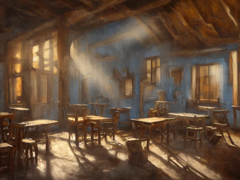 Prompt: expressive rustic oil painting, interior view of an weary old tavern, tables and chairs, bottles of liquor, accents of blue light, light bloom, dust, ambient occlusion, morning, rays of light coming through windows, dim lighting, brush strokes oil painting