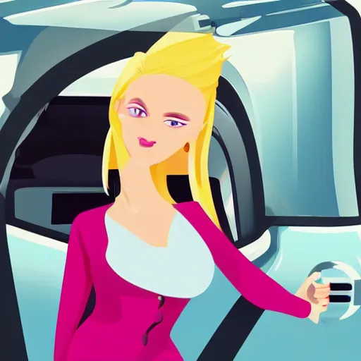 Prompt: petrol station expensive fuel blonde woman nice car cartoon style sunny weather wide shot surprised expression decent clothes valvoline gas