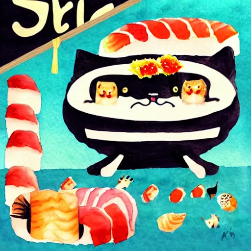 Image similar to sushi cats watercolour children's book illustration