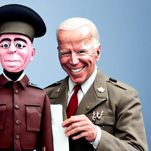 Image similar to UHD candid color photo of (Klaus Schwab in Nazi uniform) holding a (Joe Biden ventriloquist dummy), accurate faces, UHD, photorealistic, correct face, photo by Annie Leibowitz