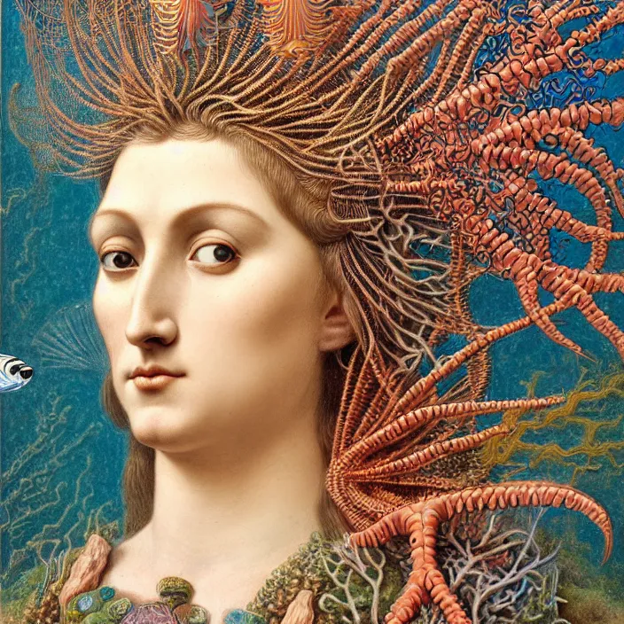 Prompt: realistic detailed face portrait of the goddess of the fish of the three times with an intricate headdress of corals, sea kelp, sea plants, fish, jellyfish, art by archimboldo and ernst haeckel, face in focus, neo - gothic, gothic,