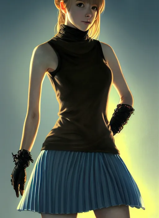 Image similar to portrait of a full body of beautiful young female detective, d & d, sleeveless turtleneck, pleated skirt, fantasy, flat lighting, intricate, highly detailed, digital painting, artstation, concept art, smooth, sharp focus, illustration, misa amane, art by simon bisley and greg rutkowski and alphonse mucha, natural tpose