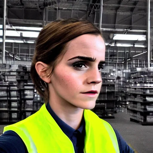 Image similar to photo, close up, emma watson in a hi vis vest, in warehouse, android cameraphone, humidity haze, 2 6 mm,