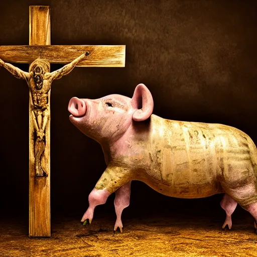 Prompt: a highly detailed realistic photographic render crucified humanoid pig, christ with the head of a pig, dead souls, religious sculpture, creepy, cinematic lighting, cinematic scene, Volumetric lighting, Atmospheric scene, Dark, Horror, Atmospheric lighting, Global illumination, realistic, photo realism, hyper realistic, hyper realism, photo realisitc, cinematic render, film, beautifully lit, ray traced, octane 3D render, octane render, unreal engine