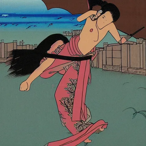 Image similar to Beautiful Japanese woman running from an old samurai on the beach Toshio Saeki, high detailed