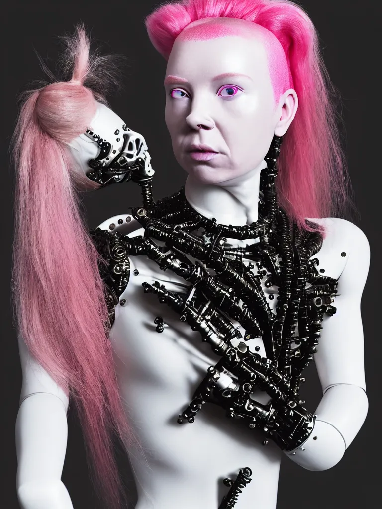 Image similar to portrait of a biomechanical goddess wearing a steel spikes studded iridescent beauty mask and pink hair buns, wearing a black bodysuit by alexander mcqueen, cream white background, soft diffused light, biotechnology, humanoid robot, perfectly symmetric, bjork aesthetic, translucent, by rineke dijkstra, intricate details, highly detailed, masterpiece,