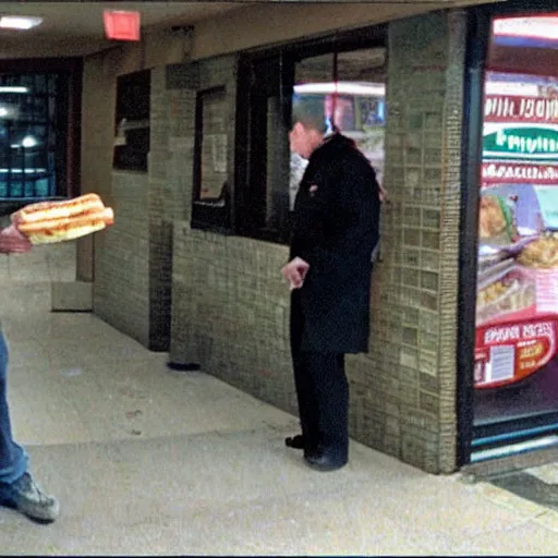 Image similar to security camera footage of bryan cranston eating a big subway sandwich