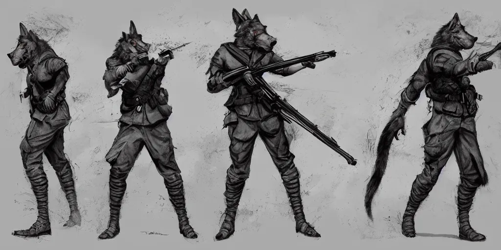 Prompt: Full body concept art of A High fantasy WW1 werewolf firing a enchanted heavy shotgun trending on artstation deviantart Pinterest detailed High Resolution HD 8k