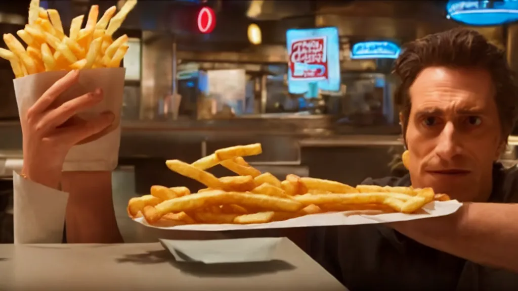 Prompt: the strange french fry creature at the fast food place, film still from the movie directed by denis villeneuve and david cronenberg with art direction by salvador dali, wide lens