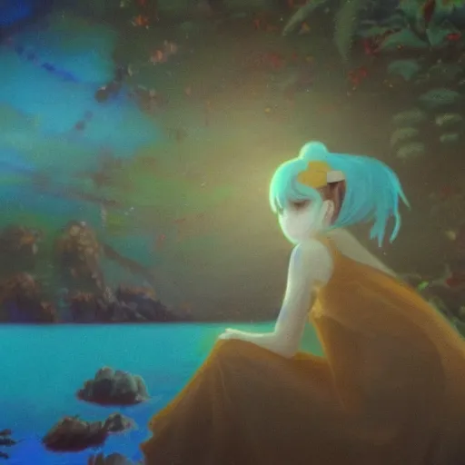 Prompt: an oil painting of a nostalgic nacar and tortoiseshell very very very very scarlet Hatsune Miku surrounded by the ocean dreamy autochrome pinhole photography futuristic y2k white pure estructure liminal, white fog painting, glided golden paper HD bokeh lighting chiaroscuro vaporwave 80s nostalgic