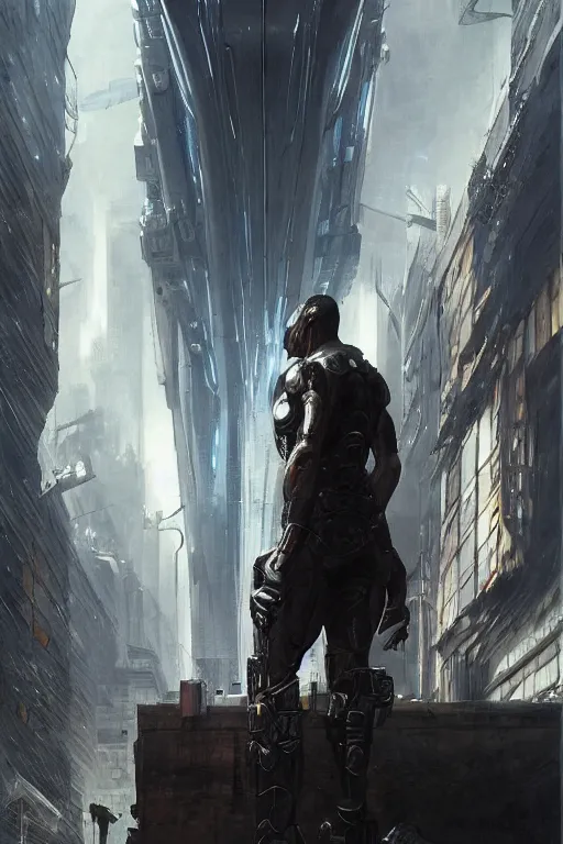 Image similar to ultra-detailed painting of a brooding superhero walking through the futuristic alien city, highly detailed, digital painting, artstation, concept art, smooth, surrounded by a futuristic fantasy background, sharp focus, illustration, art, masterpiece by greg rutkowski and stephan martiniere
