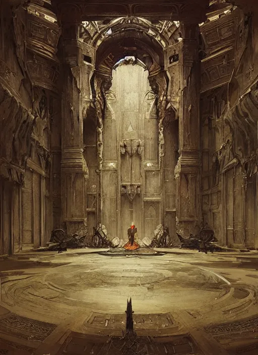 Prompt: throne room interior, intricate, elegant, highly detailed, john park, frazetta, sparth, ruan jia, jeffrey catherine jones