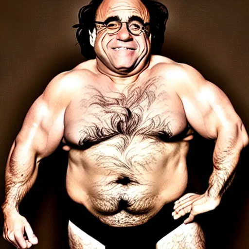 Prompt: a hunky modelling photograph of danny devito