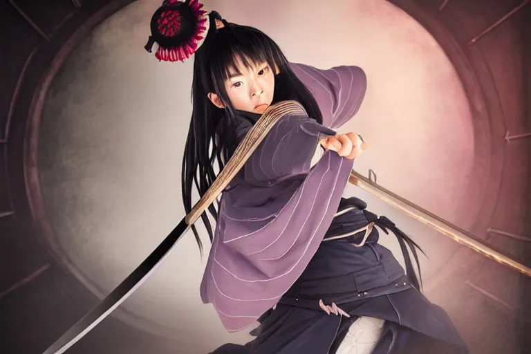 Prompt: highly detailed, beautiful photo of a madison beer as a young female samurai, practising sword stances, art by koyoharu gotouge, symmetrical face. beautiful eyes, realistic, 8 k, award winning photo, pastels colours, action photography, 1 / 1 2 5 shutter speed, sunrise lighting,